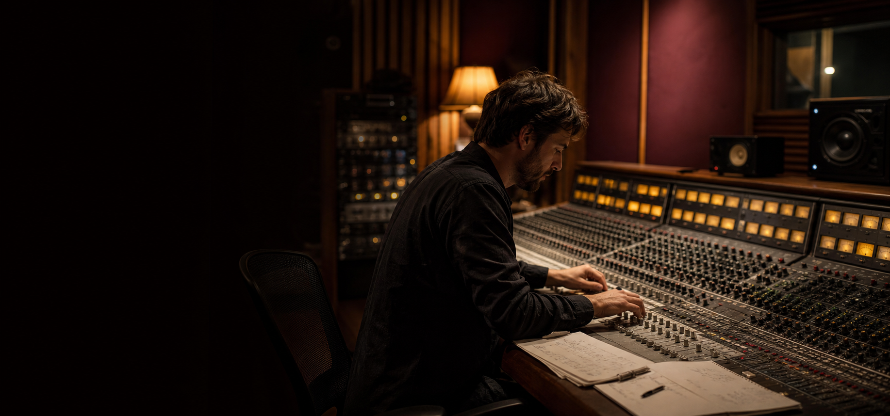 Ingénieure du son devant une console analogique au studio Accord Mix