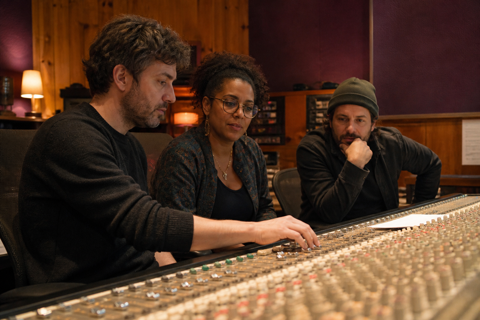 Équipe Accord Mix autour de la console du studio