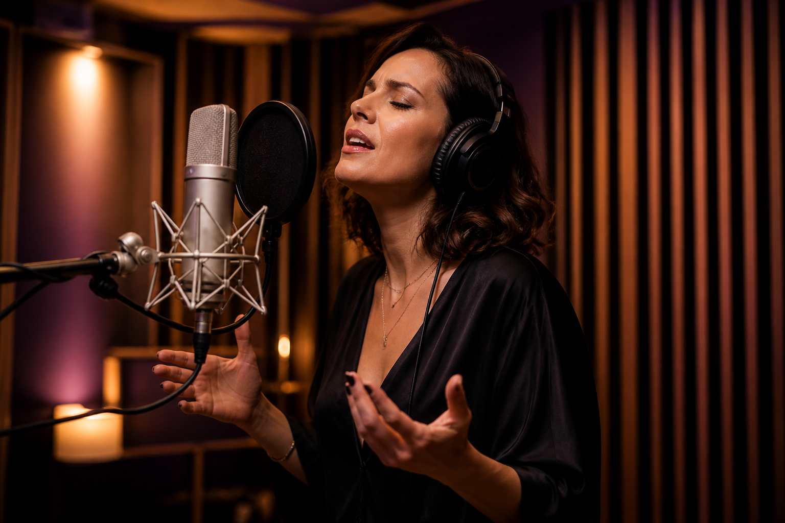 Chanteuse en séance dans la cabine voix